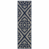 2' X 8' Blue and Ivory Geometric Stain Resistant Indoor Outdoor Area Rug