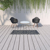 2' X 8' Blue and Ivory Geometric Stain Resistant Indoor Outdoor Area Rug