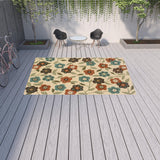 9' X 13' Brown and Ivory Floral Stain Resistant Indoor Outdoor Area Rug