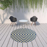 8' x 8' Blue and Ivory Round Geometric Stain Resistant Indoor Outdoor Area Rug