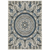 10' x 13' Blue and Beige Geometric Stain Resistant Indoor Outdoor Area Rug