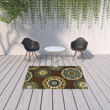 5' x 8' Brown Floral Medallion Stain Resistant Indoor Outdoor Area Rug