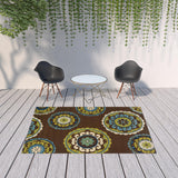 7' x 10' Brown Floral Medallion Stain Resistant Indoor Outdoor Area Rug