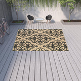 10' x 13' Beige and Black Oriental Stain Resistant Indoor Outdoor Area Rug