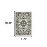 8' x 11' Ivory and Blue Oriental Stain Resistant Indoor Outdoor Area Rug