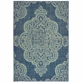 7' x 10' Blue Oriental Stain Resistant Indoor Outdoor Area Rug