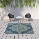 7' x 10' Blue Oriental Stain Resistant Indoor Outdoor Area Rug