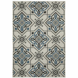 8' x 10' Blue and Beige Oriental Stain Resistant Indoor Outdoor Area Rug