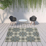 8' x 10' Blue and Beige Oriental Stain Resistant Indoor Outdoor Area Rug