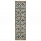 2' X 8' Blue And Beige Oriental Power Loom Runner Rug With Fringe