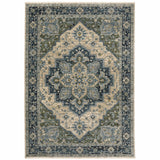 10' X 13' Blue Grey Beige Tan Green And Gold Oriental Power Loom Stain Resistant Area Rug With Fringe