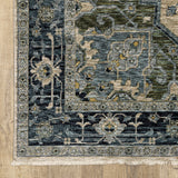 10' X 13' Blue Grey Beige Tan Green And Gold Oriental Power Loom Stain Resistant Area Rug With Fringe