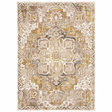 8' X 11' Gold And Ivory Oriental Power Loom Stain Resistant Area Rug With Fringe