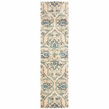 2' X 8' Ivory And Blue Floral Power Loom Stain Resistant Runner Rug