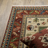 12' Red Gold Blue Brown Oriental Power Loom Runner Rug With Fringe