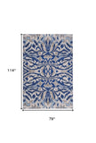5' X 8' Blue Taupe And Ivory Ikat Distressed Area Rug