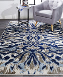 7' X 10' Blue Taupe And Ivory Ikat Distressed Area Rug