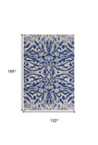 7' X 10' Blue Taupe And Ivory Ikat Distressed Area Rug