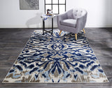 10' X 14' Blue Taupe And Ivory Ikat Distressed Area Rug