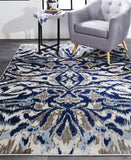 10' X 14' Blue Taupe And Ivory Ikat Distressed Area Rug