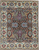 9' X 12' Ivory Brown And Blue Wool Floral Hand Knotted Distressed Stain Resistant Area Rug With Fringe