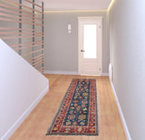 8' Pink Blue And Orange Wool Floral Hand Knotted Distressed Stain Resistant Runner Rug With Fringe
