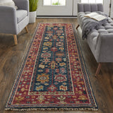 8' Pink Blue And Orange Wool Floral Hand Knotted Distressed Stain Resistant Runner Rug With Fringe