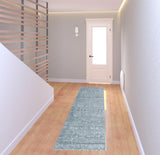 8' Blue and Gray Oriental Power Loom Distressed Runner Rug with Fringe