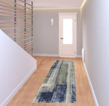 8' Blue Green And Ivory Abstract Power Loom Distressed Runner Rug