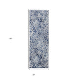 10' Blue and Ivory Abstract Power Loom Runner Rug