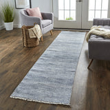 12' Blue And Gray Wool Striped Hand Knotted Runner Rug