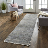 10' Gray Wool Striped Hand Knotted Runner Rug