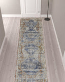 12' Ivory Orange And Blue Floral Power Loom Distressed Runner Rug With Fringe