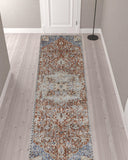 12' Orange Ivory And Blue Floral Power Loom Runner Rug With Fringe