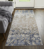 12' Tan Ivory And Blue Abstract Power Loom Distressed Runner Rug