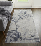 12' Ivory And Blue Abstract Power Loom Distressed Runner Rug