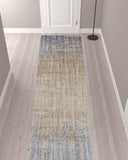 12' Tan Brown And Blue Abstract Power Loom Distressed Runner Rug