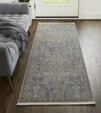 12' Blue And Ivory Floral Power Loom Runner Rug