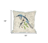 18"x18" Beige and Aqua Bird Linen Blend Bird Print Zippered Pillow