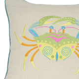 18" x 18" Beige and Aqua Crab Linen Blend Zippered Pillow With Embroidery