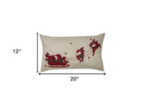 12" X 20" Beige and Red Reindeer Christmas Santa and Sleigh Linen Blend Zippered Pillow With Applique