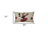 12" X 20" Beige and Red Deer Christmas Reindeer Linen Blend Zippered Pillow With Embroidery