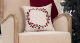 14" X 14" Beige and Red Christmas Wreath Linen Blend Zippered Pillow With Embroidery