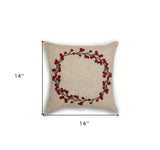 14" X 14" Beige and Red Christmas Wreath Linen Blend Zippered Pillow With Embroidery