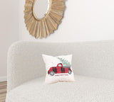 14" X 14" Beige and Red Christmas Holiday Red Truck Linen Blend Zippered Pillow With Embroidery