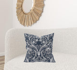 20" X 20" Blue and White Damask Polyester Zippered Pillow With Embroidery