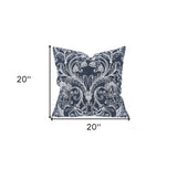 20" X 20" Blue and White Damask Polyester Zippered Pillow With Embroidery