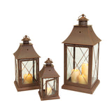 Set Of Three Brown Flameless Floor Lantern Candle Holder