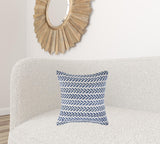 18" X 18" Blue And White 100% Cotton Chevron Zippered Pillow