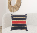 20" X 20" Blue And Red 100% Cotton Striped Zippered Pillow